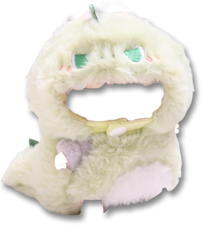 Fluffy Green Dinosaur Onesie for 17cm Dolls - Cute Plush Jumpsuit Costume with Hood & Tail, Kawaii Animal Outfit Compatible with Vinyl Face Pendant (No Doll)(Style M)