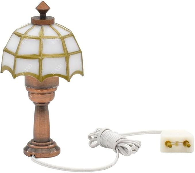 iLAND 1/12 Scale Accessories of Dollhouse Lights, Classic Miniature Lamp for Dollhouse Decoration, Elegant White Lattice Table Lamp w/Plug