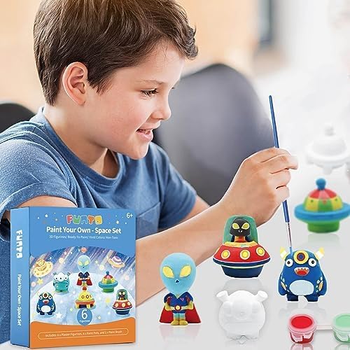 Funto Paint Your Own Space Kit Painting Kit, 13 PCS Crafts Set for Kids, STEAM Project Creative Activity DIY Toys with 6 Figurines, 6 Paint Pots, 1 Brush
