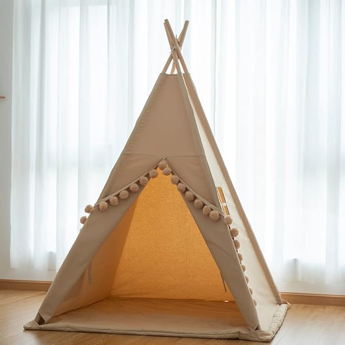 Kids Teepee Tent with Lights &Large Pompoms & Carry Bag, Machine Washable Tent for Kids Indoor, Toddler Teepee for Girls & Boys(Without Mat)