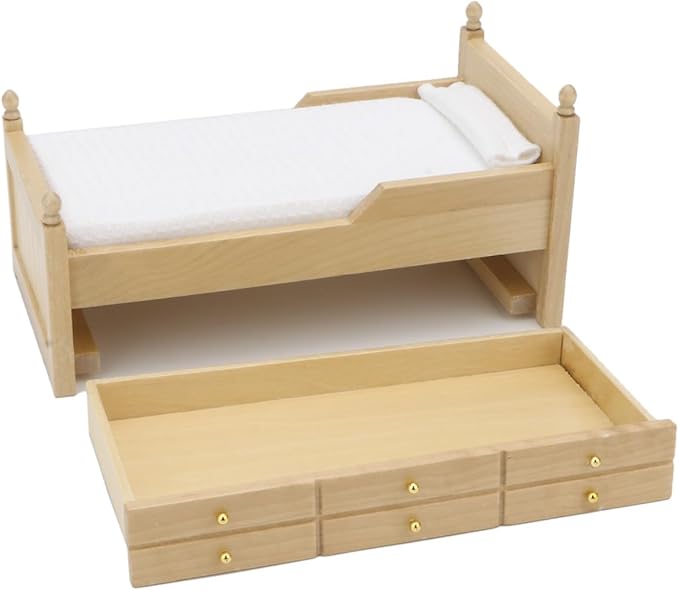 Dollhouse Miniature Bed with Drawer 1:12 Wooden Furniture European Bedroom Bedding Furniture Accessories with Pillow & Mattresses Vintage Floral Fabric Mini House Decoration (Woody)