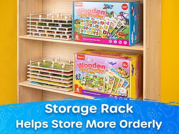 SYNARRY Wooden Puzzles for Toddlers 1-3, 6XSET Puzzles for Toddlers 2-4 with Rack, Learning Alphabet Number Shape Animal Dinosaur Vehicle, Toddler Easter Basket Stuffers Gifts Toys for Boys Girls