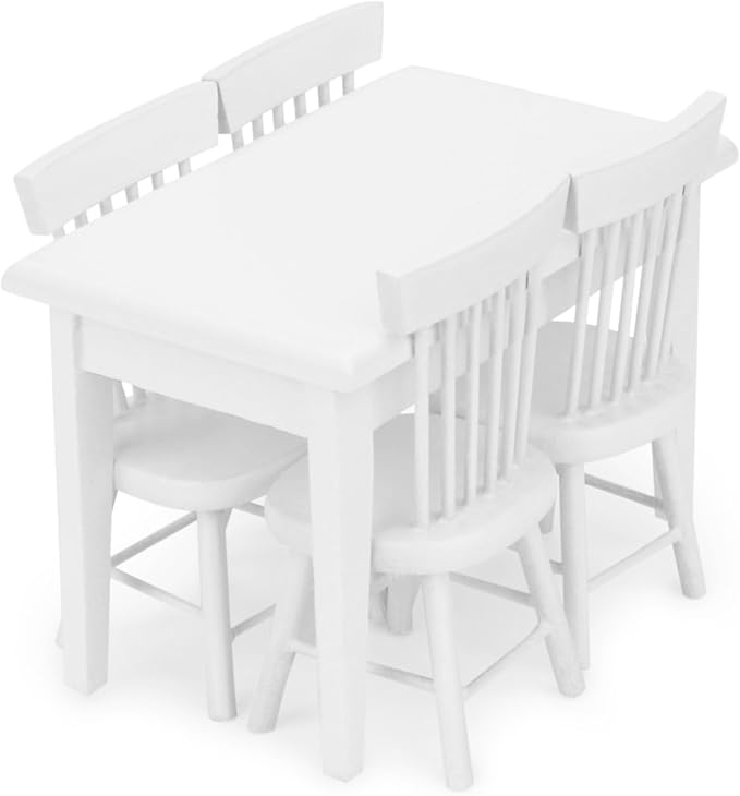 Miniature Dining Table & Chair Set for Dollhouse 1 12 Scale Wooden Furniture Model 5pcs Doll House Mini Classic Decoration Accessories DIY Hobby Gift (White)