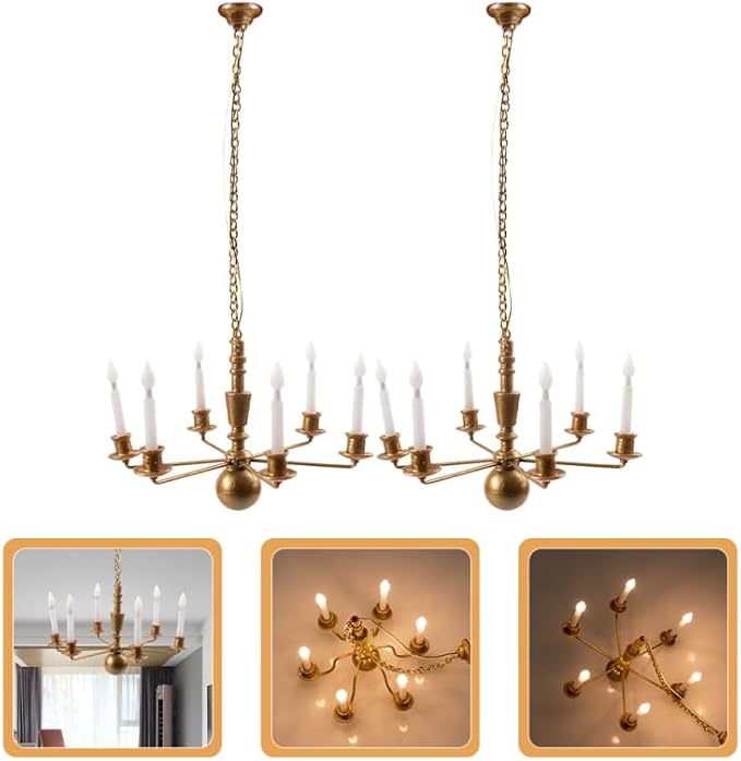 DOITOOL 2Pcs Mini Ceiling Lamp Model Tiny Luminous Hanging Chandelier for Dollhouse DIY Accessories 5.31X2.95X2.95 Inch Miniature Lighting for Doll House Decoration