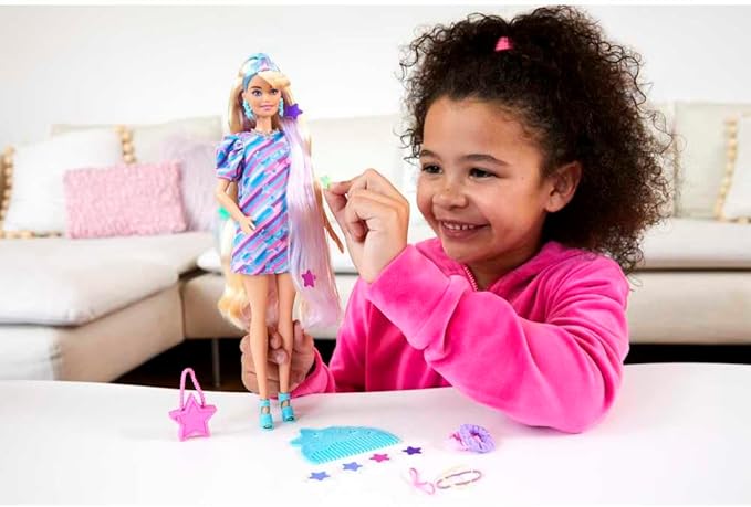 Barbie Totally Hair Doll, Star-Themed with 8.5-inch Fantasy Hair & 15 Styling Accessories (8 with Color-Change Feature)
