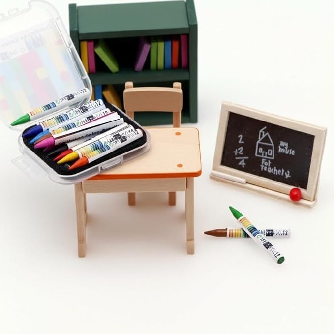 Mini School Supplies Sets,112 Dollhouse Acessories Including 12 Pieces Crayon,Blackborad for Dollhouse Home Miniature Model DIY Decor Doll House Accessories Coloring House Play Set