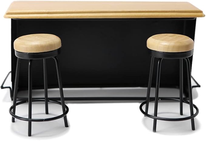 Dollhouse Furniture Metal Bar Table & Chair with Wood Top Pub Set 1:12 Scale Miniature Accessories Bar Counter Stool Mini Dining Coffee Table Model Layout Props Desktop Decor