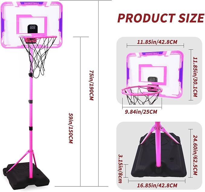 Nattork Kids Basketball Hoop, Adjustable Height Toddler Basketball Hoop Stand, Indoor Outdoor Basketball Goal Toy for Boys Girls Ages 3~8 Years Old, Includes 3 Balls, Ideal for Birthday Gift