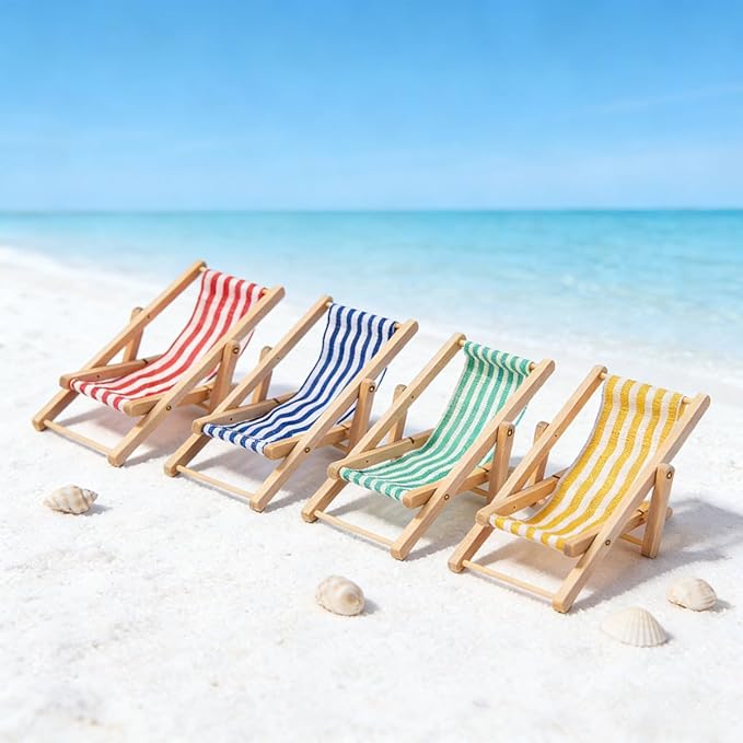 6Pcs 1:12 Scale Mini Wooden Folding Beach Chair, Miniature Sunbathing Lounge Deck Chair, Dollhouse Outdoor Furniture Accessories (MiniBeachChair)