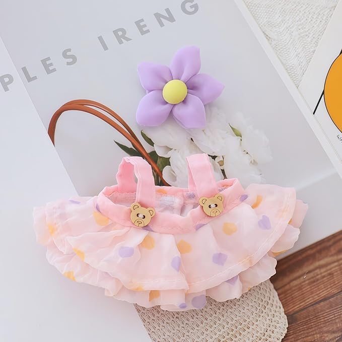 Clothes for Lu bubu 17cm Dolls Accessories (No Doll), Kawaii Skirt Outfit Set 2 Pieces for 17cm Dolls Suit, Stylish Dress Up Flower Dolls Clothing Set Replacement Pink