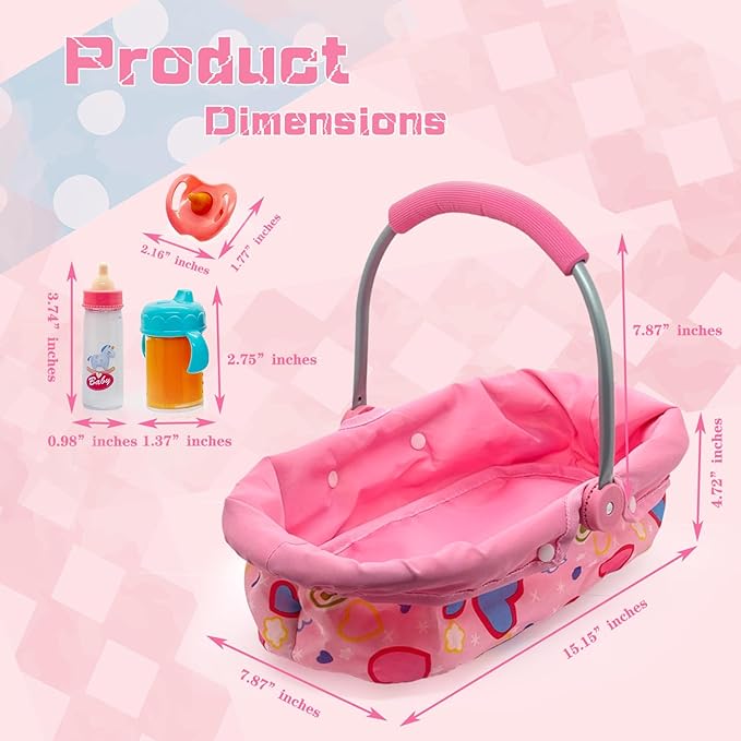 Baby Doll Accessories Bassinet Portable Carrier with Milk Bottle for 8-12 Inch Baby Doll Crib Set Cradle Sleeping Basket Bed Toys