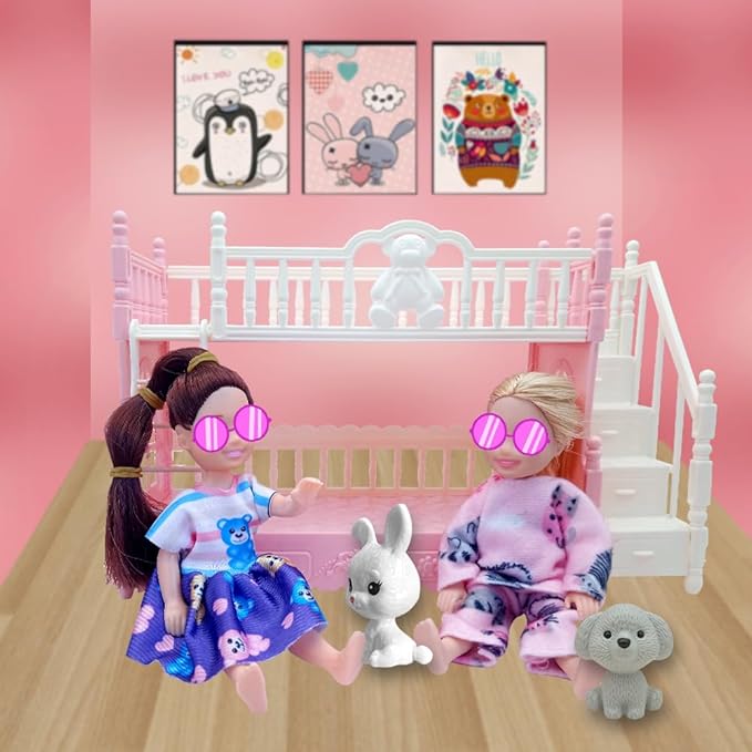 Doll Clothes and Accessories for 5.3 inch Dolls, Clothes Dress Pajamas Random in 6, Mini Supplies, Bunk Bed, Girls Granddaughter Gifts