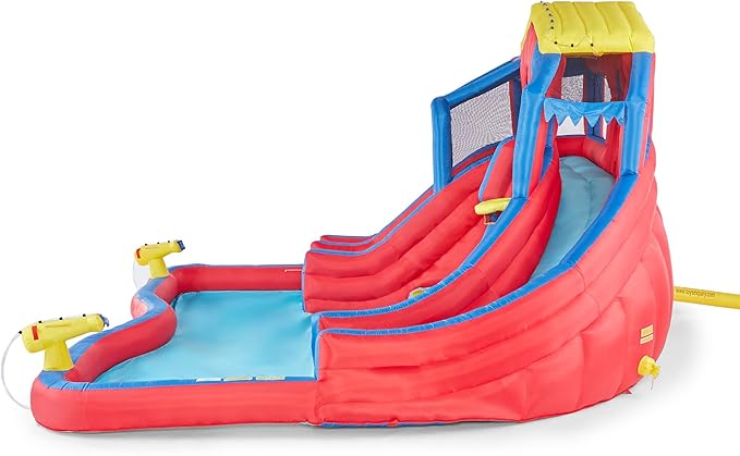 Banzai Hydro Blast Inflatable Backyard Water Slide Park for Ages 5+, Blue/Red – Outdoor Bouncy Play with Wall Climbing, Basketball Hoop, Cannons, and Lagoon Pool