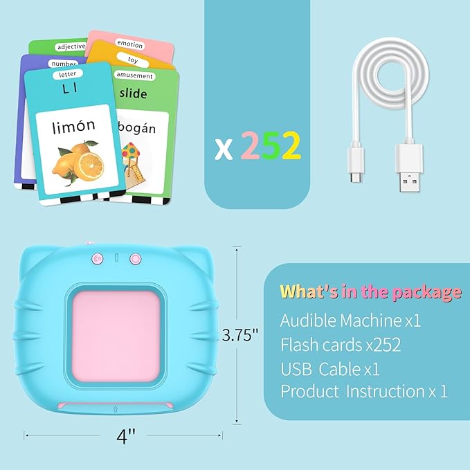 Eaever Spanish English Bilingual Learning Toys, ABC Talking Flash Cards with 520 Sight Words, Autism Pocket Speech Toys, Toddler Toys for 2 3 4 5 6 Year Old, Easter Present Birthday Gift, Blue