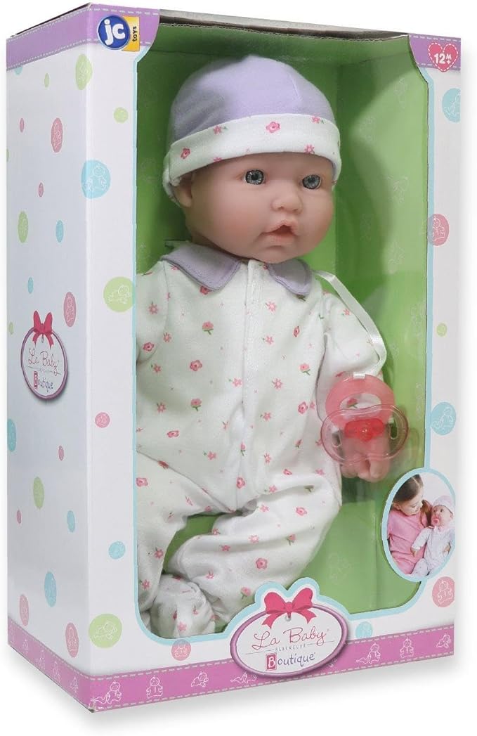 JC Toys - La Baby | Caucasian 16-inch Medium Soft Body Baby Doll | Washable | Removable Purple Outfit w/Hat and Pacifier | for Children 12 Months +