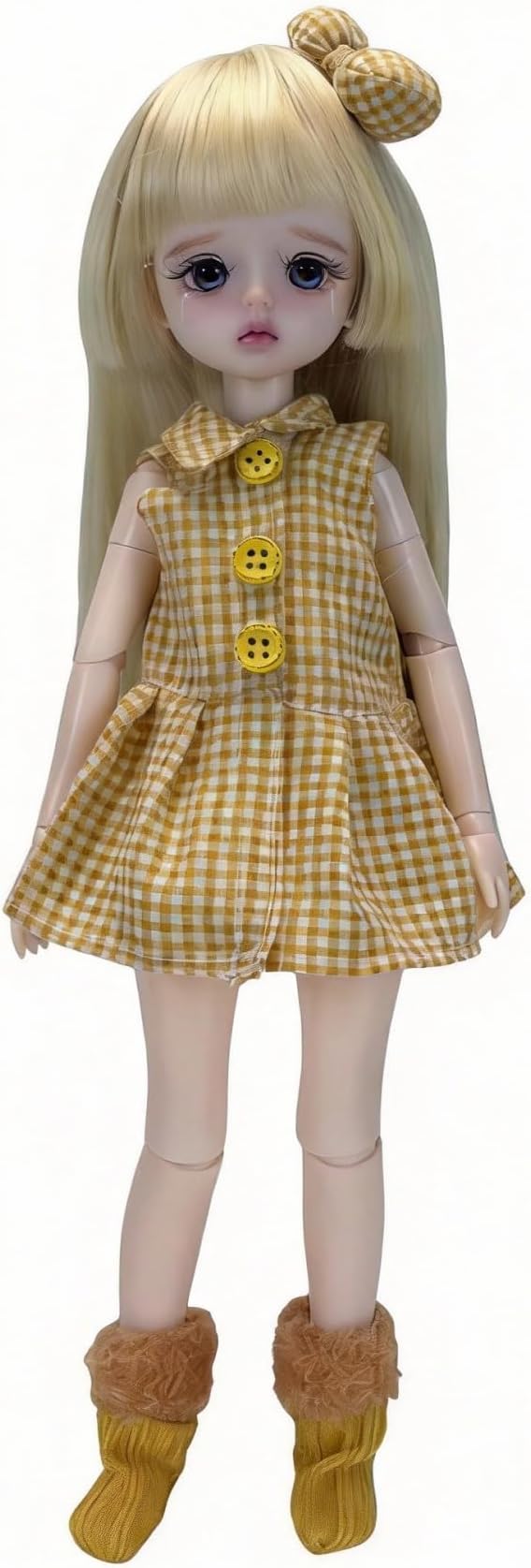 30cm YoSD 1/6 BJD Doll Clothes Set - Yellow Plaid Dress, Knit Cardigan, Bow Headband, Fuzzy Bag & Socks, Doll Accessories