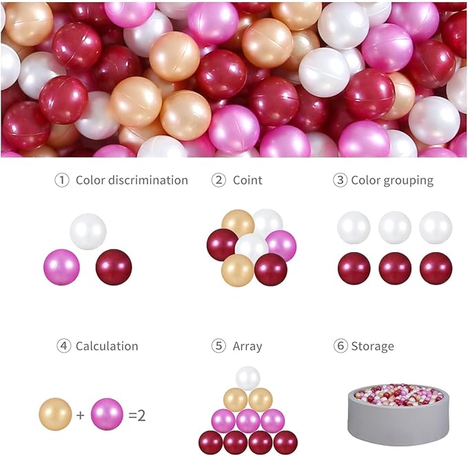 GOGOSO Ball Pit Balls for Toddler, Baby Plastic Playballs Kids Soft Pastel Pelotas Non-Toxic BPA-Free,Dark Pink+Gold+White+red,100 Balls