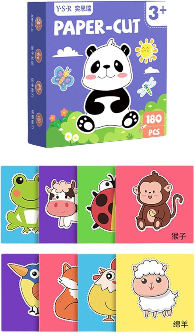 180 Pieces Paper Cutting Activity Set Craft Making Scissors Kit Art Painting DIY Project Material Paper Suitable for Children Boys, Animal Theme
