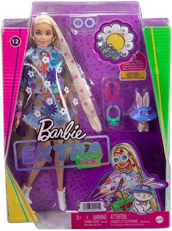 Barbie Extra Doll and Accessories with Extra-Long Blonde Hair Wearing Floral Outfit & Poncho with Pet Bunny