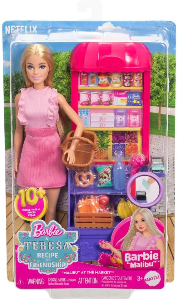 Barbie and Teresa Recipe for Friendship Fashion Doll & Playset, Malibu at the Market Theme with 11 Accessories Including Market Stand & Food
