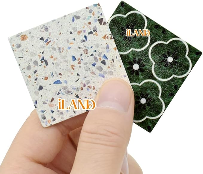 iLAND Dollhouse Flooring on 1/12 Scale 1/6 Scale, Miniature Dollhouse Accessories, 60pcs Double-Sided Dollhouse Floor Tiles (Advanced French Green Floral & Colorful Terrazzo)