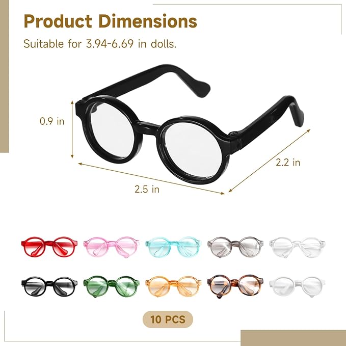 10 Pcs Doll Glasses, Mini Eyeglasses with Clear Lenses, Doll Dress Up Glasses, ABS Frame Eyewears, Colorful Fashion Accessories, Fashion Costume Supplies for 3.94-6.69" Dolls