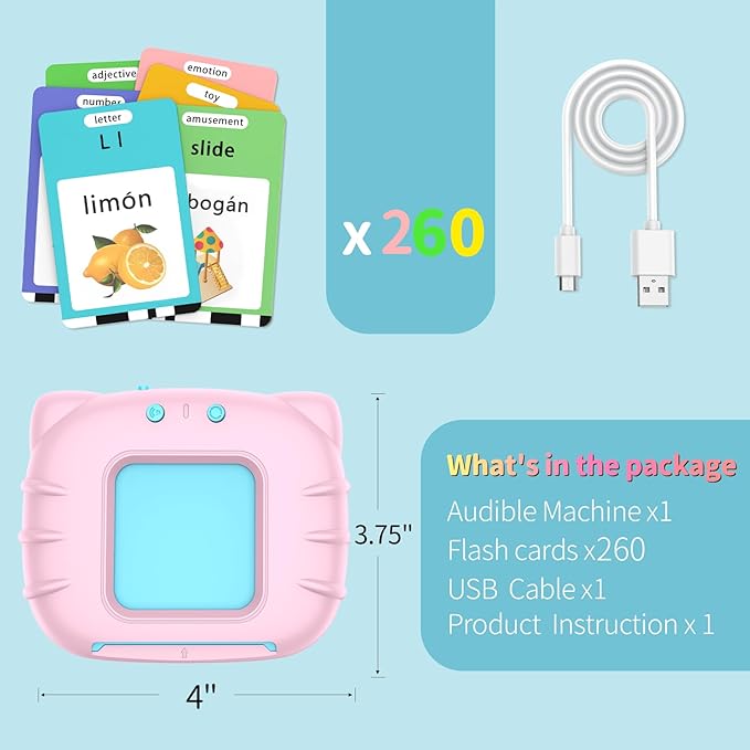 Eaever Bilingual Educational Toys, Spanish English 520 Sight Words Talking-Flash-Cards, Preschool-Learning-Activities, Montessori-Toys, Toddler Toys for 2 3 4 5 6 Year Old Boys and Girls, Pink