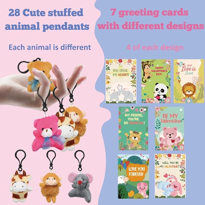 UMEELR 28PCS Valentine's Day Mini Plush Animals Toys, Small Stuffed Animal Keychain Cards for Valentine's Classroom Gift Exchange, School Prizes Valentines Party Favors Easter Basket Stuffers