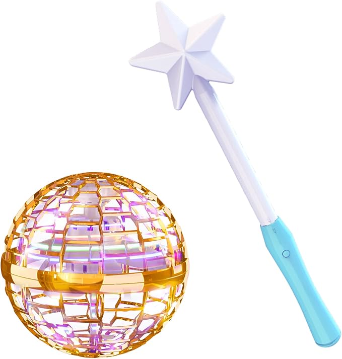 ATHLERIA Gold Flying Orb Ball with Wand,Hand Controlled Mini Drone Helicopter Hover Boomerang with 360° Rotating and RGB Lights - Cosmic Globe Spinning Interactive Toys Indoor Outdoor