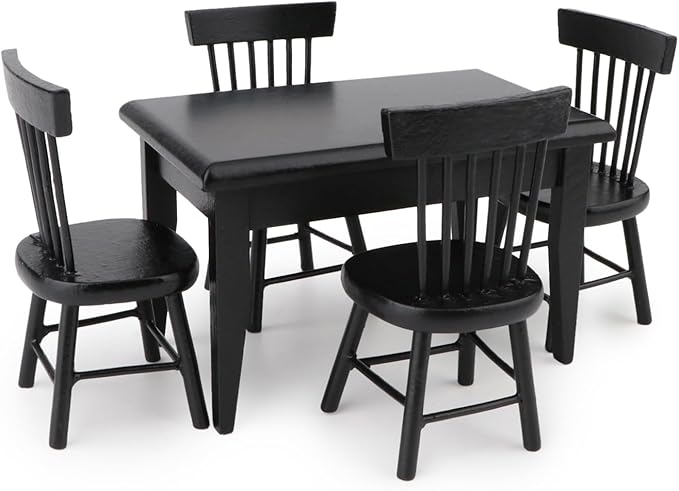 Miniature Dining Table & Chair Set for Dollhouse 1 12 Scale Wooden Furniture Model 5pcs House Mini Decoration Accessories DIY Hobby Gift (Black)