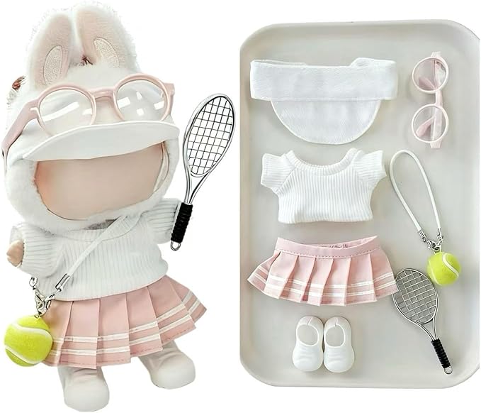17cm Doll Clothes for Lububu Dolls, 7-Piece Sports Outfits - Top, Pants, Skirt Dress, Golf Hat, Sunglasses, Shoes, Tennis Racket, Ball Charm Luxury Stylish Gym/Tennis Doll Accessories,No Logo(PINK2)