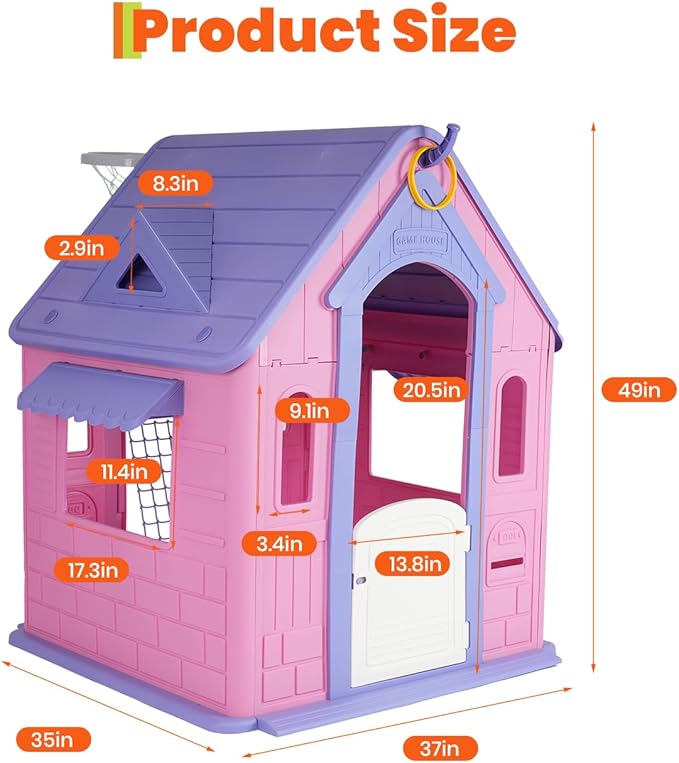 Kids Playhouse Cottage – 4-in-1 Activity Center with Magnetic Dartboard, Basketball Hoop, Soccer Goal & Ring Toss – Spacious Indoor/Outdoor Game House for Toddlers
