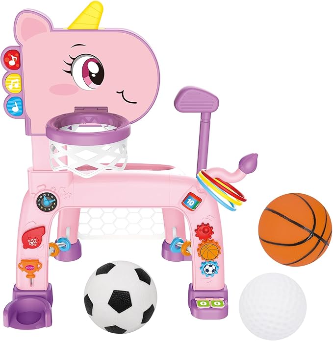 Toddler Basketball Hoop & Soccer Goal Activity Center with Golf Ring Toss, 4 In 1 Toddler Sport Toy with Light & Bilingual Music, Montessori Toy for 1 Year Old Girl Gift (24.2''-27.6'' H)