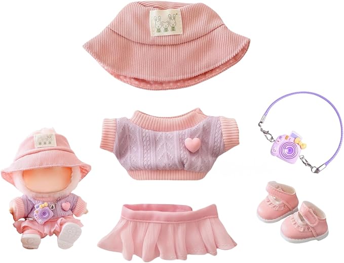 Clothes for Lu bubu 17cm Dolls(No Doll) Accessories, Stylish Kawaii Pink Outfit Set 5 Pieces Suitable for 17cm Dolls , Doll Hat Shoes Clothing Set Replacement