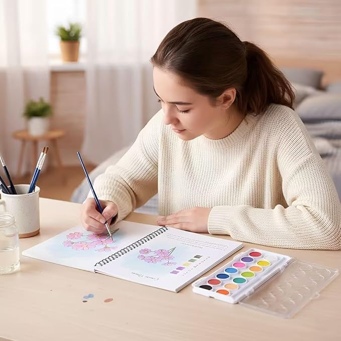 Watercolor Workbook,16 Colors Watercolor Paint Set with Brush Palette,15 Flower Patterns of Original DIY Designs,Beginner-Friendly Water Color Workbooks,Water Coloring Book for Adults