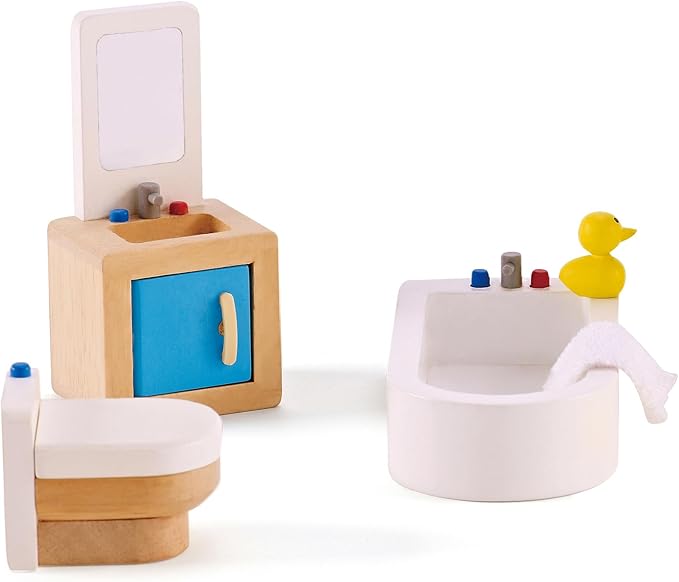 Hape Wooden Doll House Furniture Family Bathroom Set| Pretend Playset for Kid’s Wooden Dollhouse