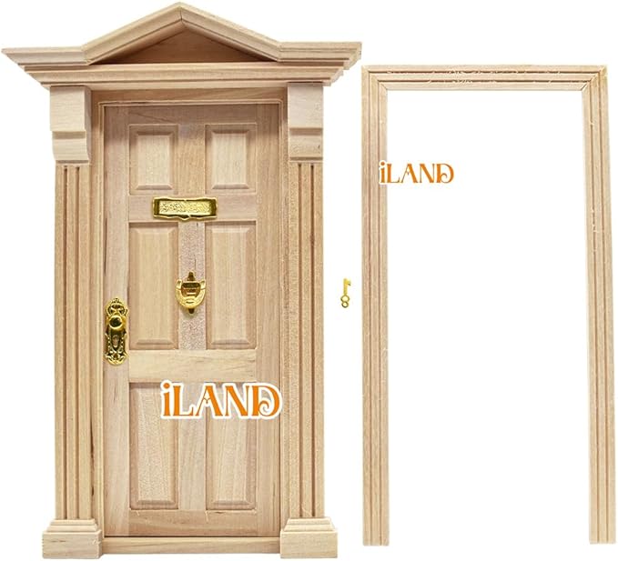 iLAND Classic Wooden Dollhouse Door of 1/12 Scale Accessories, Dollhouse Building Supplies Set of Miniature Door with Trim, Handle & Knocker, Colorable and Realistic for Modern and Antique Doll House