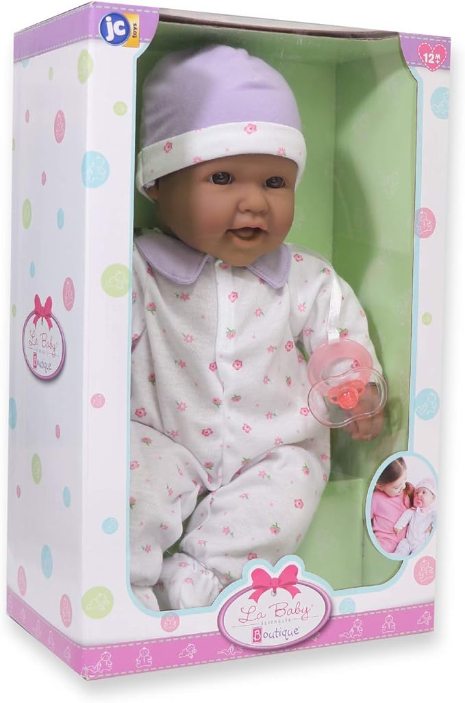 JC Toys Hispanic 16-inch Medium Soft Body Baby Doll La Baby | Washable |Removable Purple Outfit w/Hat and Pacifier | for Children 12 Months +, Hispanic-Purple