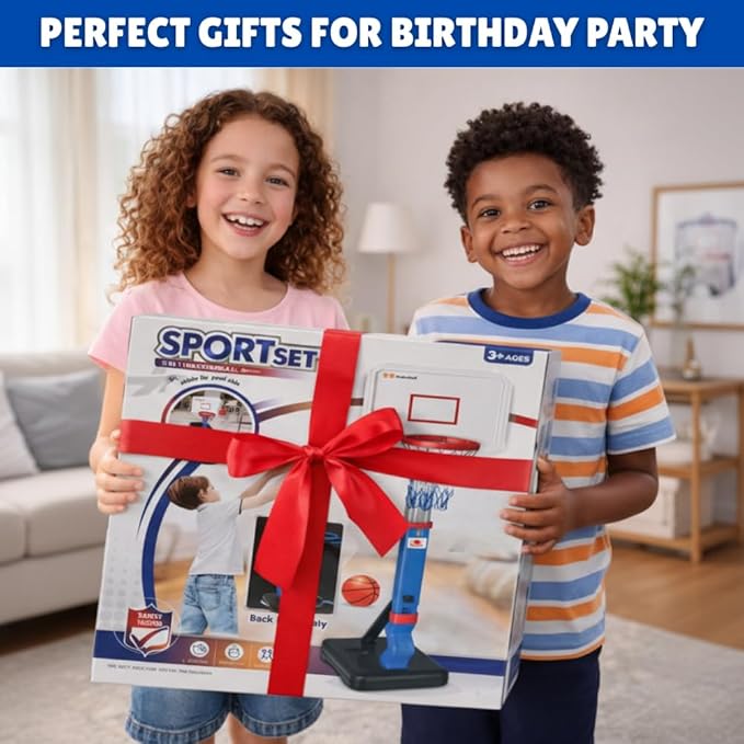 2-in-1 Toddler Basketball Hoop with Ring Toss Game, Adjustable 2.5–5.5 Ft Indoor & Outdoor Kids Basketball Set with Mini Balls, Rings, Pump & Stable Base | Sports Toy for Boys & Girls Ages 1–3+