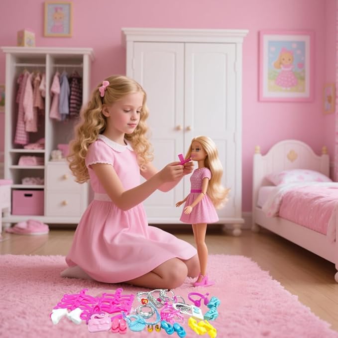 35 Pcs Doll Accessory Set for 11.5 Inch Fashion Dolls: 5 Generic Crowns, 5 Necklaces, 10 Hangers, 5 Pairs Shoes, 5 Bags, 2 Pairs Glasses, 2 Bracelets, 1 Pair Doll Earphones