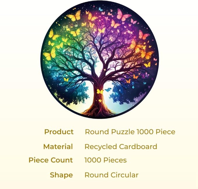 Round Puzzle 1000 Pieces for Adults Tree of Life Butterfly Jigsaw Puzzle Aesthetic Circular Game Family Wall Decor Gift
