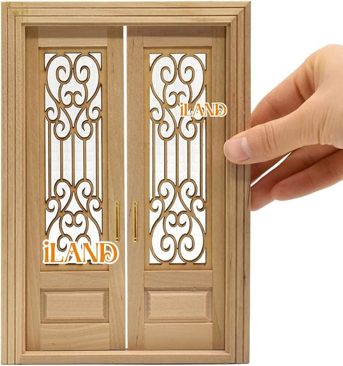 iLAND Dollhouse Door on 1:12 Scale, Dollhouse Accessories of Miniature Gate w/Carved Pattern & 3D Lattice Panes Reflecting Rainbow Light & Golden Handles