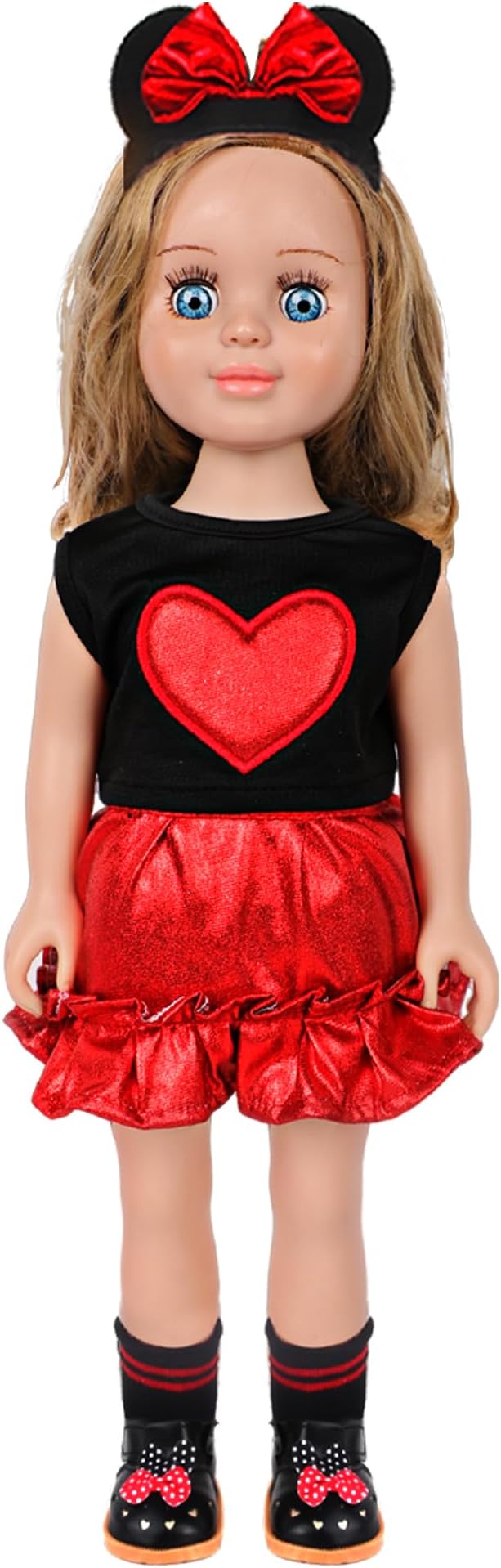 MSYO 18 Inch Doll Clothes & Accessories Set,Black Red Heart Top & Metallic Red Skirt Outfit with Mouse Ears Headband,Sunglasses,Socks,Shoes,Choker,Fits 16-18 Inch Baby Dolls(Red)