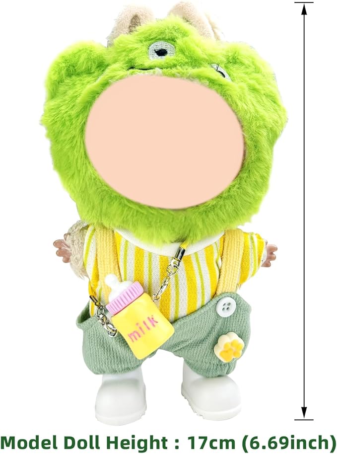 Clothes for Labubu 17cm Doll (NO Doll), 5 Piece Labubu Clothes Set, Cute Labubu Outfits with Accessories, Handmade Crochet La Bubu Doll Dress Up Set(Keroppi)