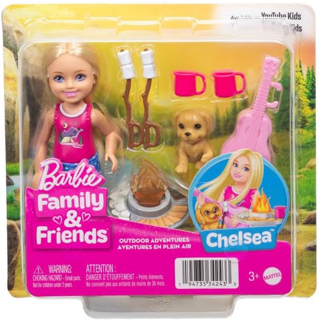 Barbie Chelsea Outdoor Adventures Playset, Family & Friends Set with Small Blonde Doll, Pet Puppy & 5+ Camping Accessories