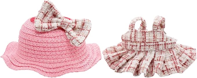 Doll Clothes for 17cm Dolls, Premium Handmade Fashion Clothes 3 Piece Set Including a Weaving Hat, Clothes and Bow with High-End Dolls Accessories for Play & Display - Pure Pink (No Doll No Logo)