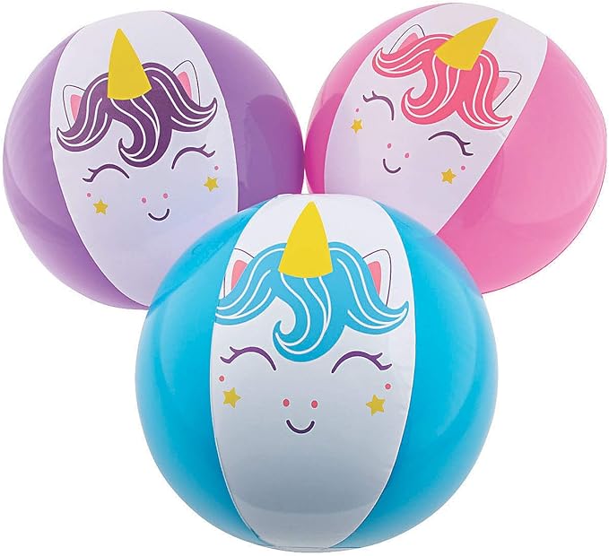 Fun Express Unicorn Beach Balls – Colorful Inflatable Pool & Beach Toys Adorable Unicorn Design – Summer Parties Poolside Fun & Outdoor Play – 11 inch Size Ideal for Party Favors – 12 Pieces - White