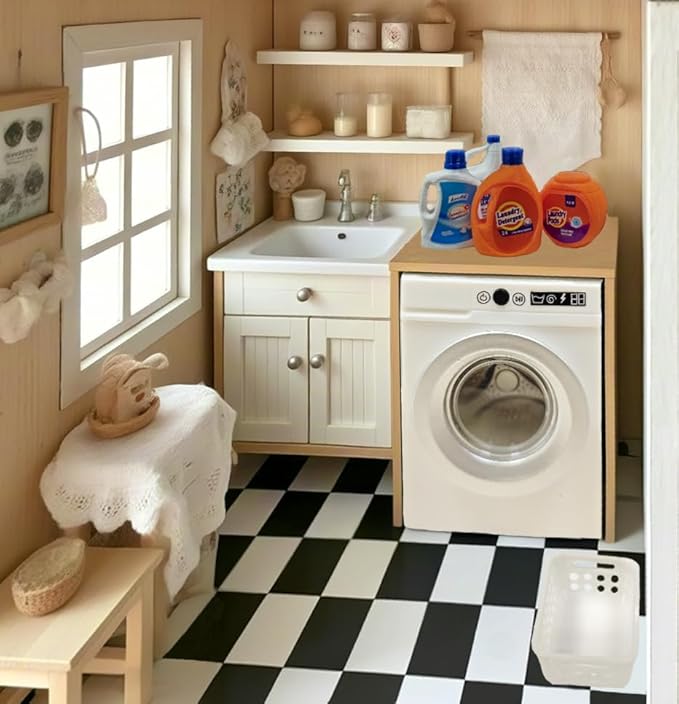 1:12 Scale Miniature Electric Washer and Dryer Set, Realistic Dollhouse Laundry Room Accessories, Mini Toy Washing Machine