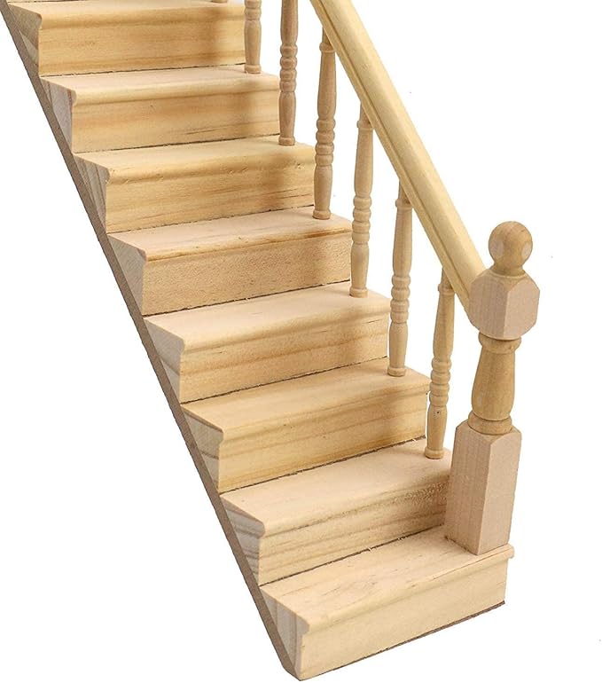 Miniature Stairs 1:12 Scale Dollhouse Furniture Wooden Handrail DIY Unpainted Staircase Dollhouse Accessories Pre-Assembled Steps Model (Right-Handrail)