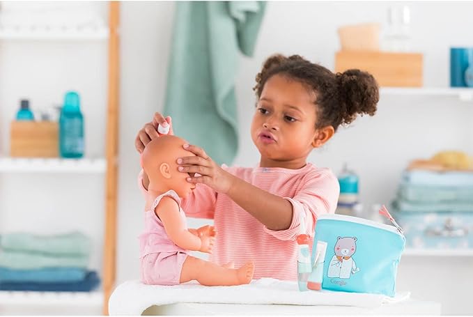 Corolle Baby Doll Care Pouch and Accessories Set - Includes Storage Bag, Drinking Cup, Pretend Electric Toothbrush, Toothpaste and Pump Bottle, for use with12, 14" and 17" Dolls (141310)